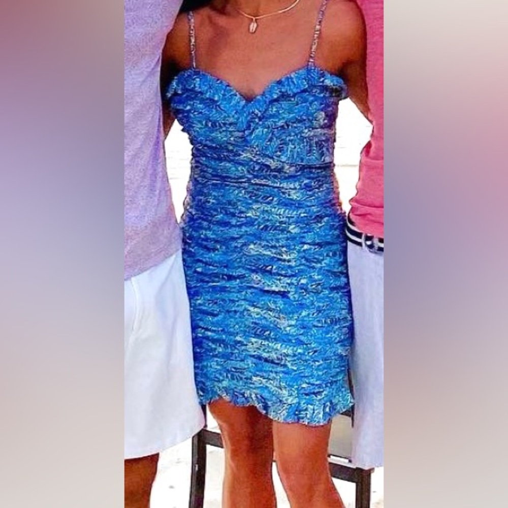 LUSH brand blue rouched mini dress size M
